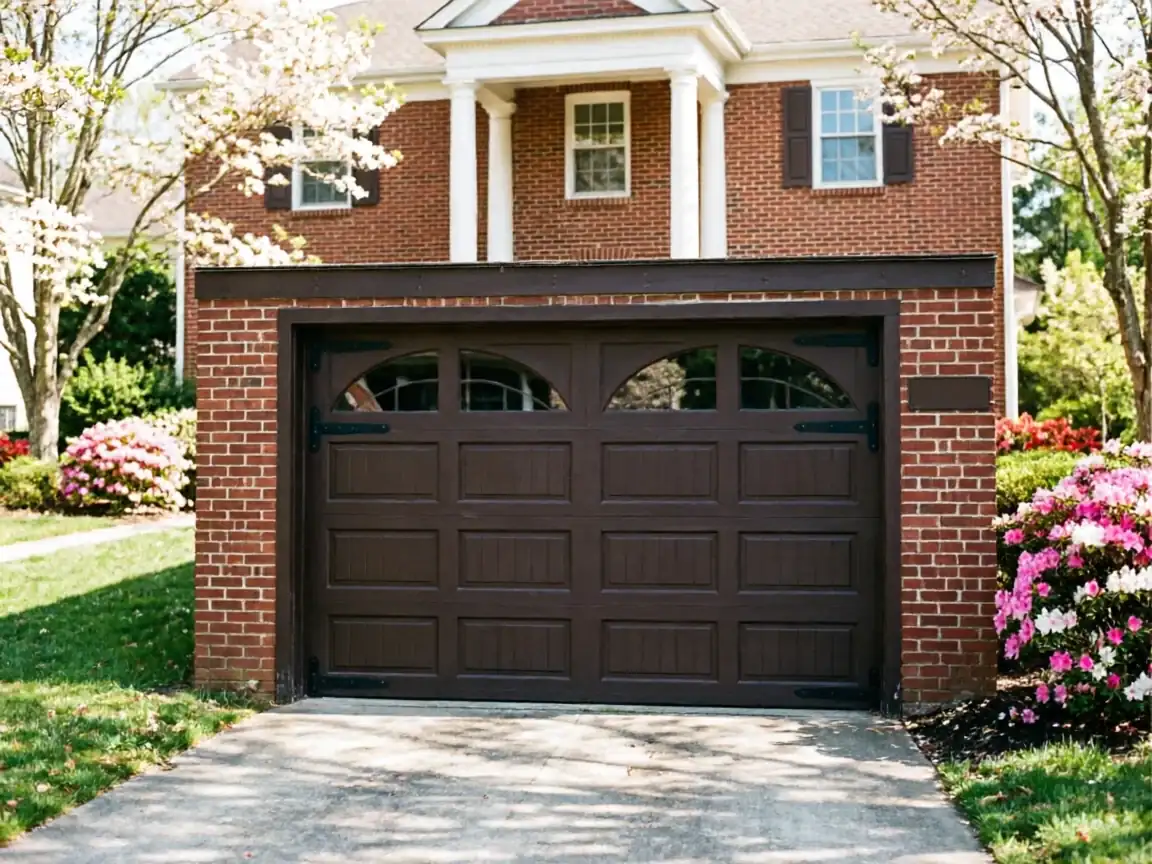 A brown garage door with arched windows is on a brick house.