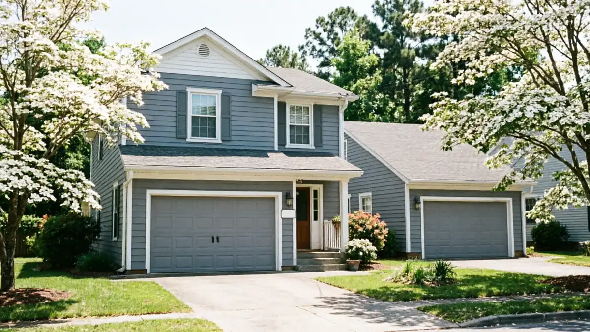 A blue house has two gray garage doors and white flowering trees.