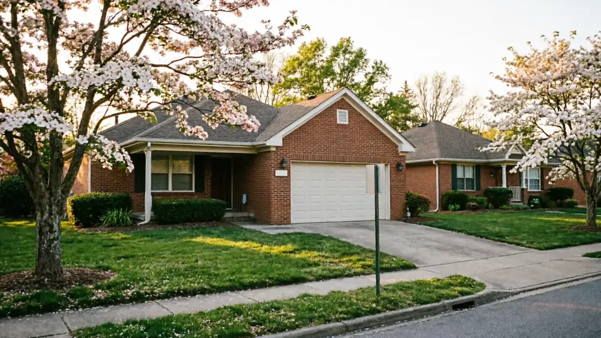 A brick house with a white garage door and blooming trees in the front yard.