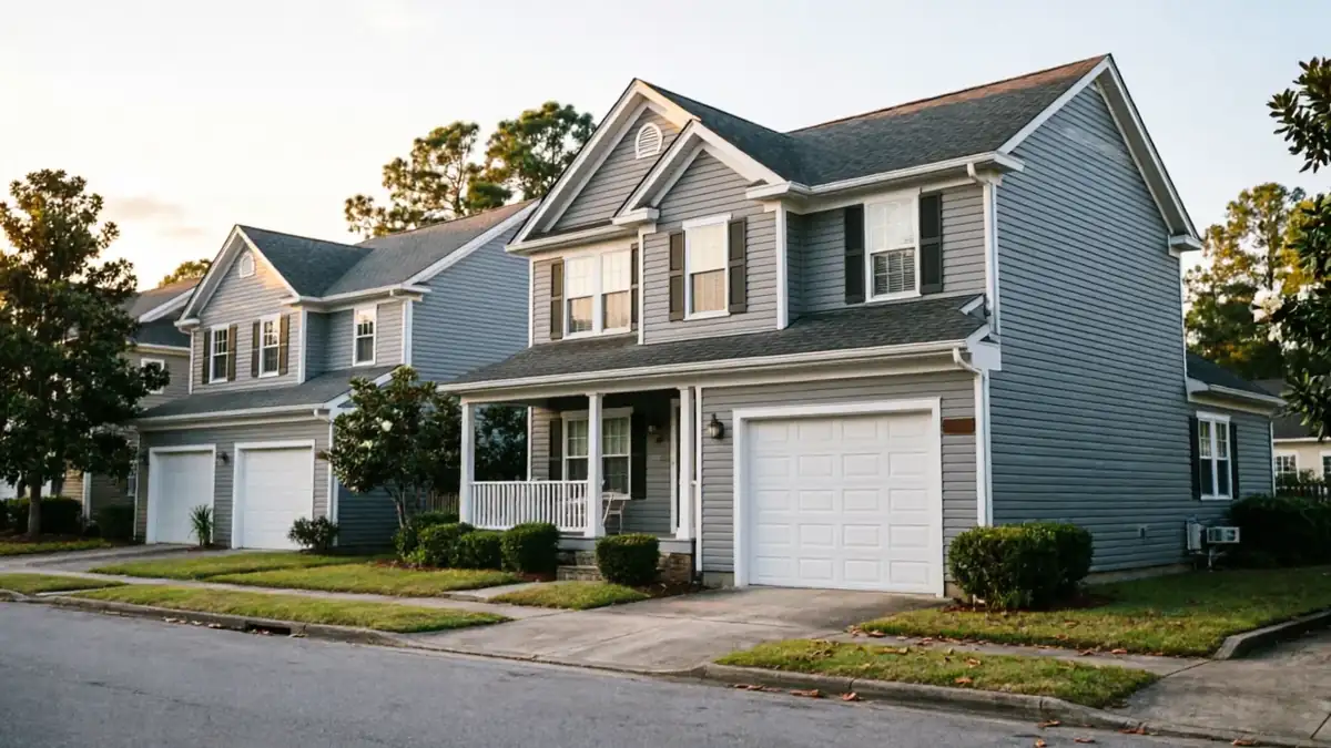 Two gray houses with white garage doors and green lawns line a street.