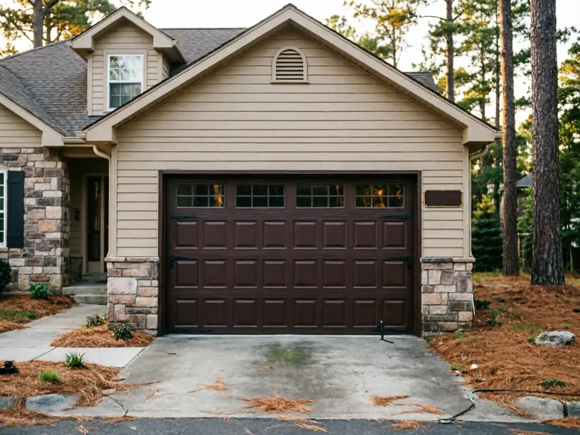 A brown garage door with windows is on a tan house with stone accents.