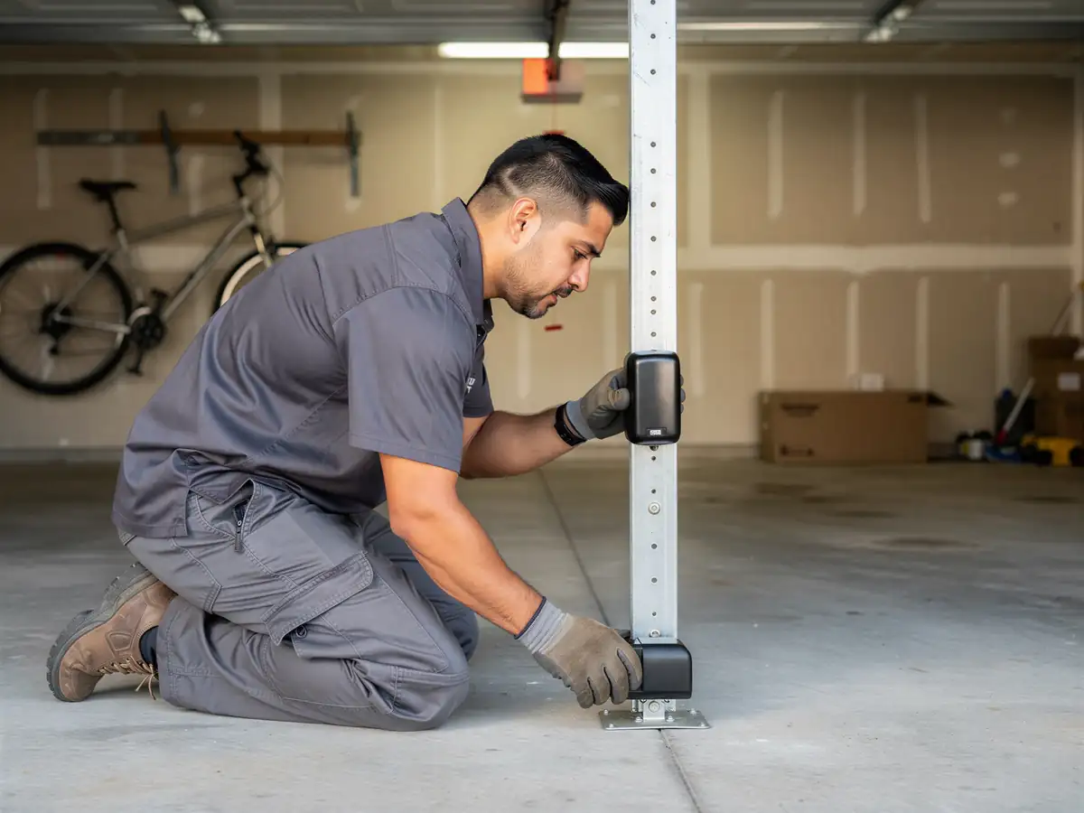 A technician kneels, adjusting a metal support pole with two black devices.