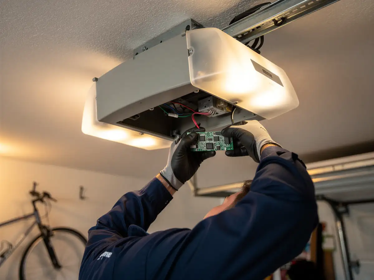 A technician in gloves holds a circuit board near an open garage door opener.