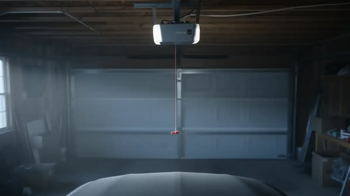 A garage door opener with a red emergency release cord hangs above a car.