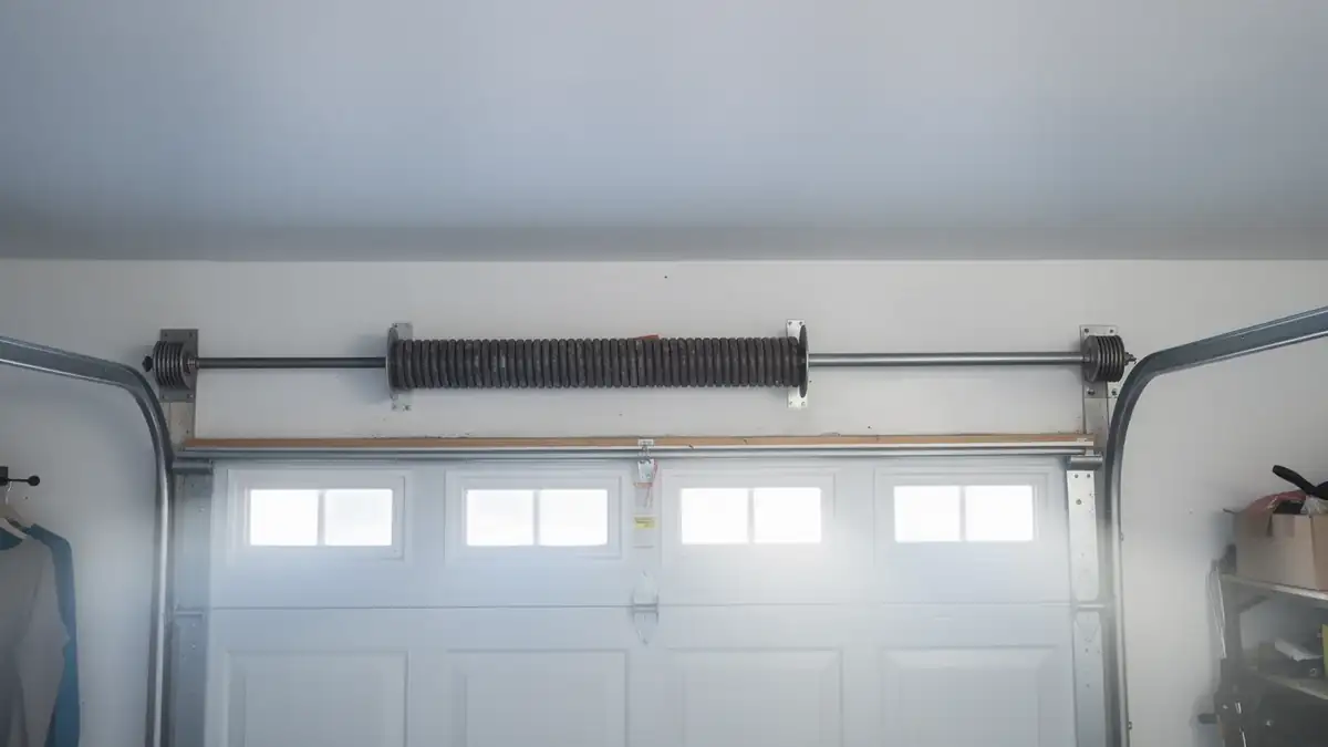 A torsion spring is mounted above a white garage door with windows.